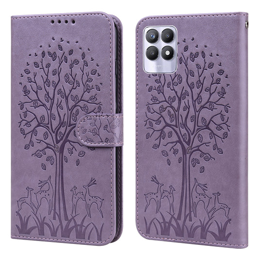 For Realme 8i/Narzo 50 4G Deer Tree Pattern Imprint PU Leather Wallet Stand Mobile Phone Protective Cover Shell