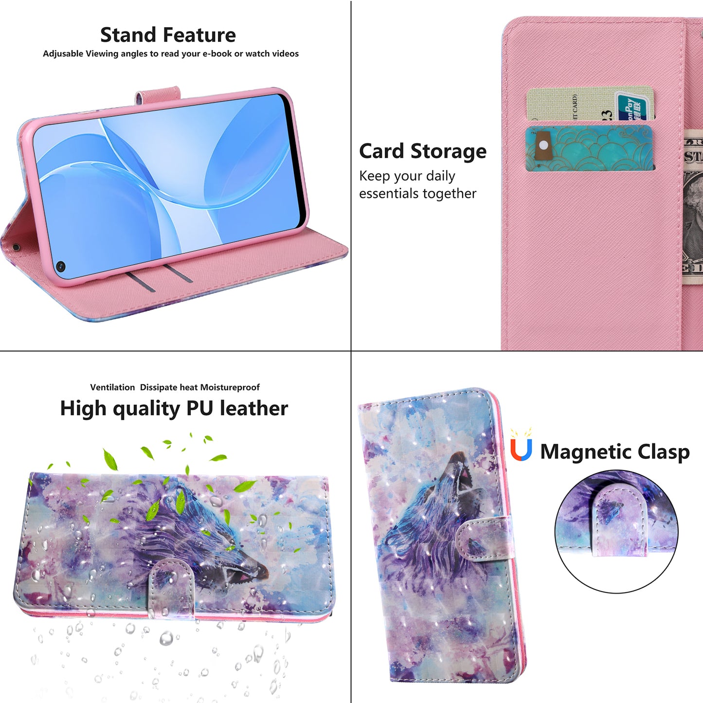 PU Leather Wallet Phone Cover 3D Pattern Printing Stand Flip Folio Case with Strap for Oppo A53 5G