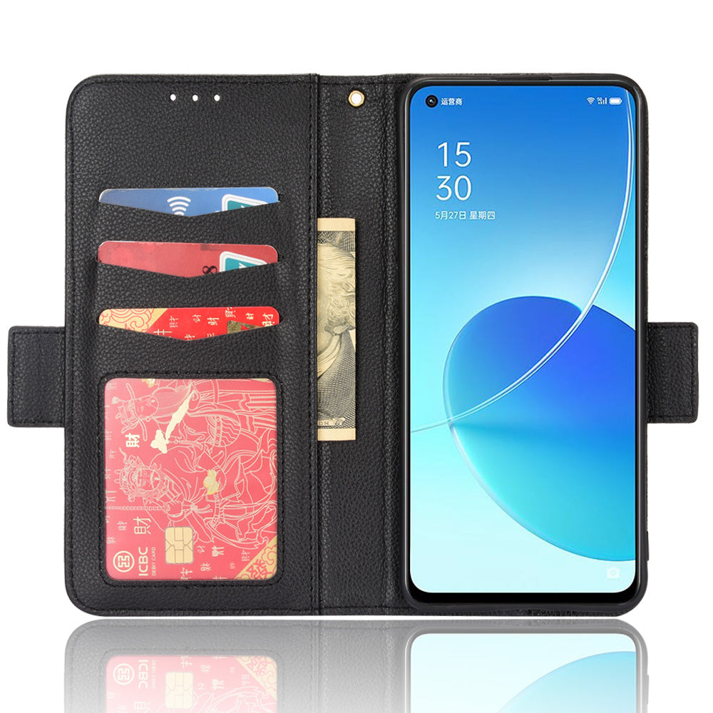 Litchi Texture PU Leather Stand Wallet Case Well-protected Double Magnetic Clasp Drop-proof Flip Cover for Oppo Reno6 5G