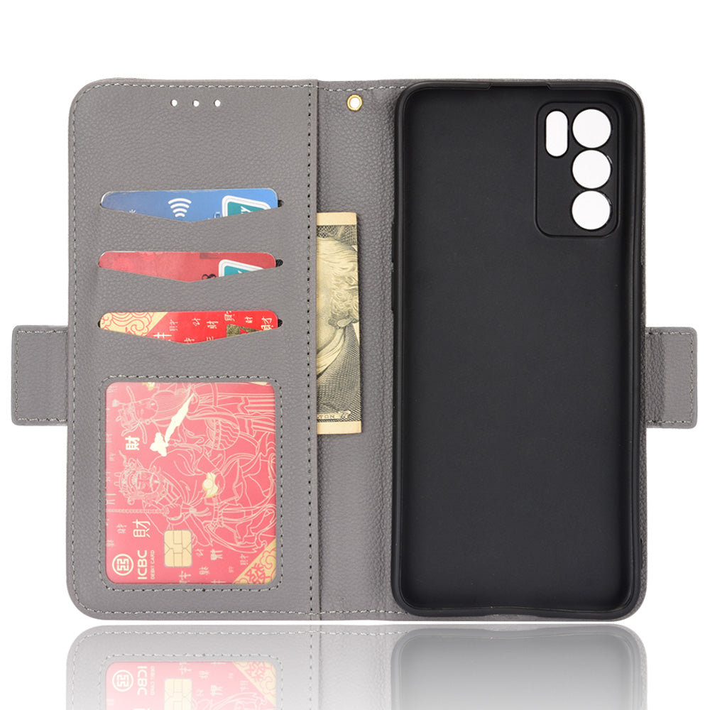 Litchi Texture PU Leather Stand Wallet Case Well-protected Double Magnetic Clasp Drop-proof Flip Cover for Oppo Reno6 5G