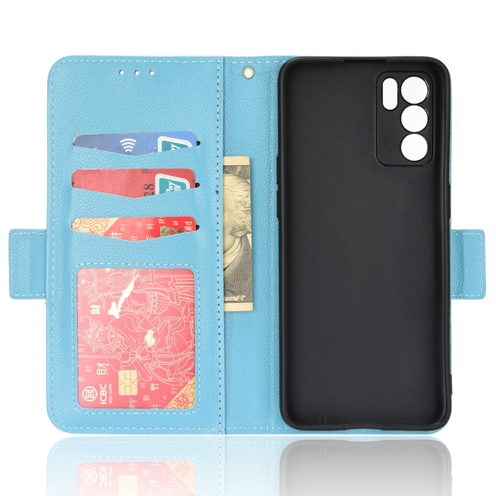 Litchi Texture PU Leather Stand Wallet Case Well-protected Double Magnetic Clasp Drop-proof Flip Cover for Oppo Reno6 5G