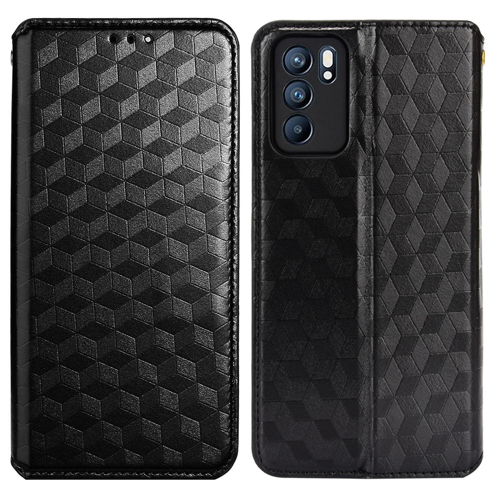 Imprinting 3D Rhombus Pattern Case Full Protection PU Leather Cover + Inner TPU Phone Case with Stand Wallet for Oppo Reno6 5G