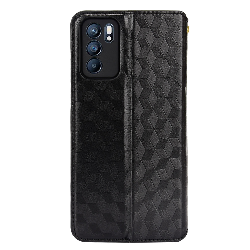 Imprinting 3D Rhombus Pattern Case Full Protection PU Leather Cover + Inner TPU Phone Case with Stand Wallet for Oppo Reno6 5G