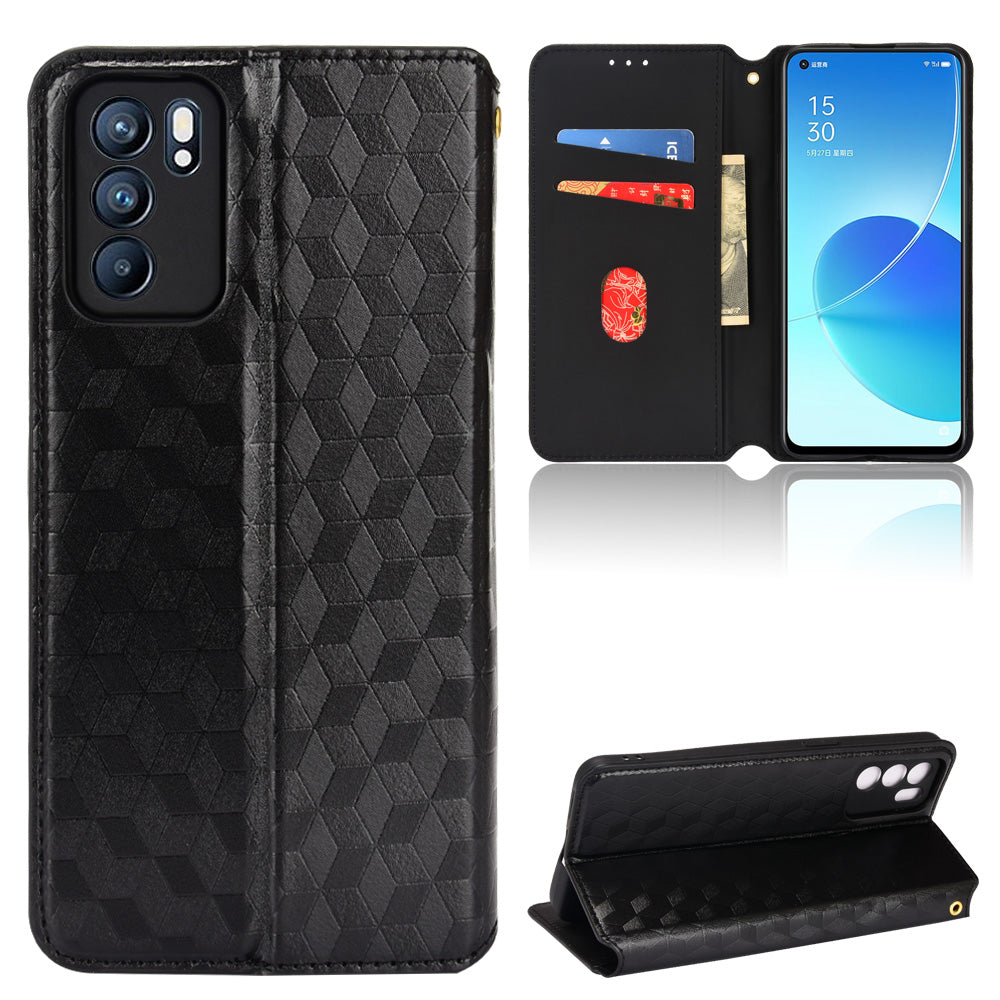 Imprinting 3D Rhombus Pattern Case Full Protection PU Leather Cover + Inner TPU Phone Case with Stand Wallet for Oppo Reno6 5G