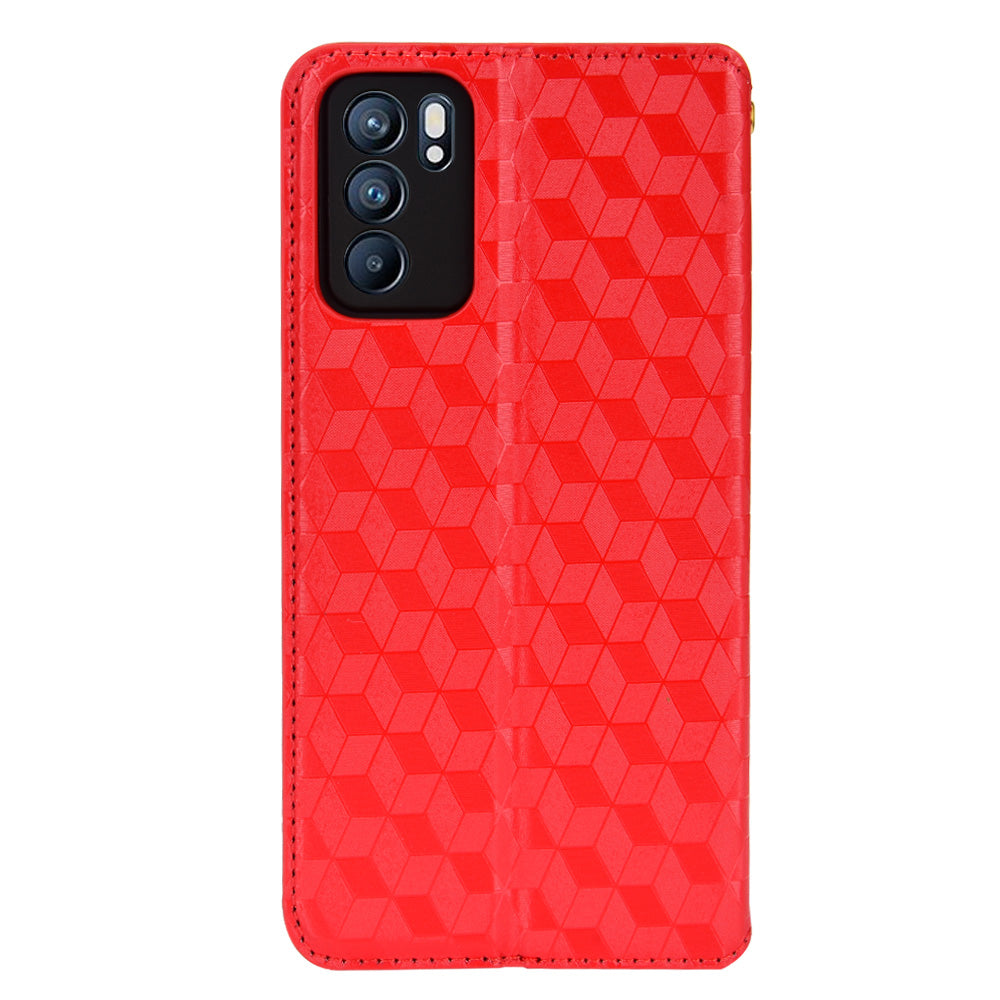 Imprinting 3D Rhombus Pattern Case Full Protection PU Leather Cover + Inner TPU Phone Case with Stand Wallet for Oppo Reno6 5G