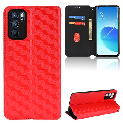 Imprinting 3D Rhombus Pattern Case Full Protection PU Leather Cover + Inner TPU Phone Case with Stand Wallet for Oppo Reno6 5G