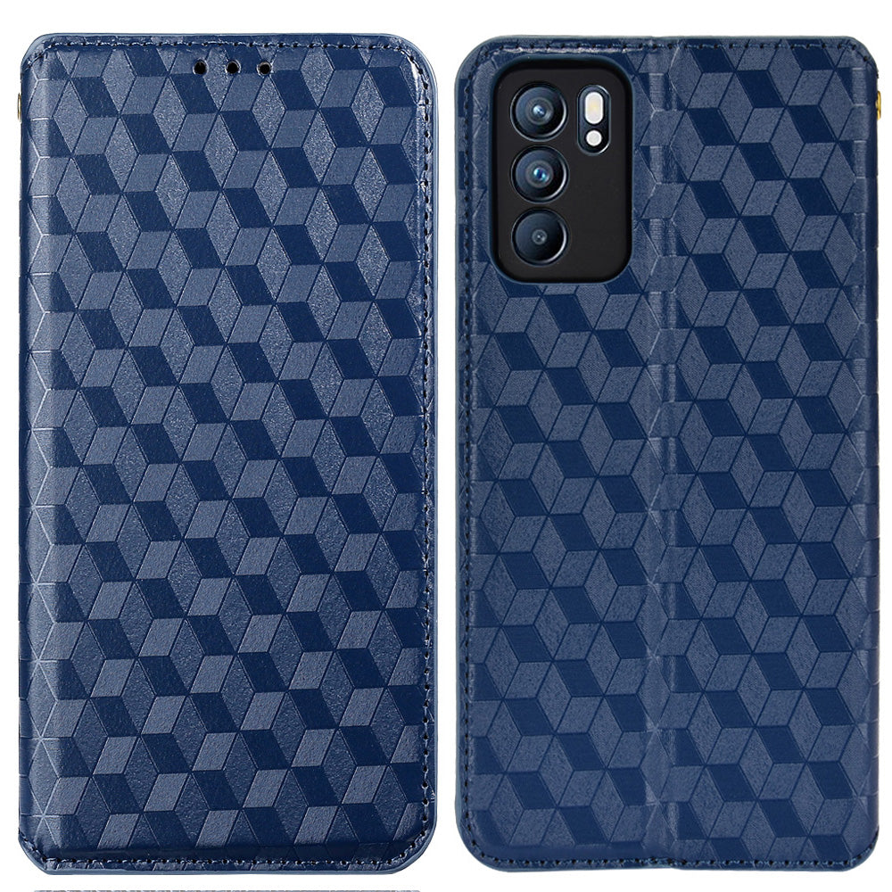 Imprinting 3D Rhombus Pattern Case Full Protection PU Leather Cover + Inner TPU Phone Case with Stand Wallet for Oppo Reno6 5G