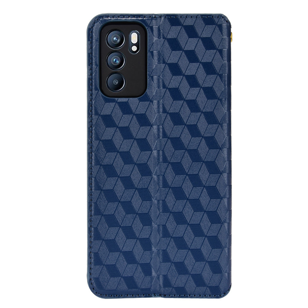 Imprinting 3D Rhombus Pattern Case Full Protection PU Leather Cover + Inner TPU Phone Case with Stand Wallet for Oppo Reno6 5G