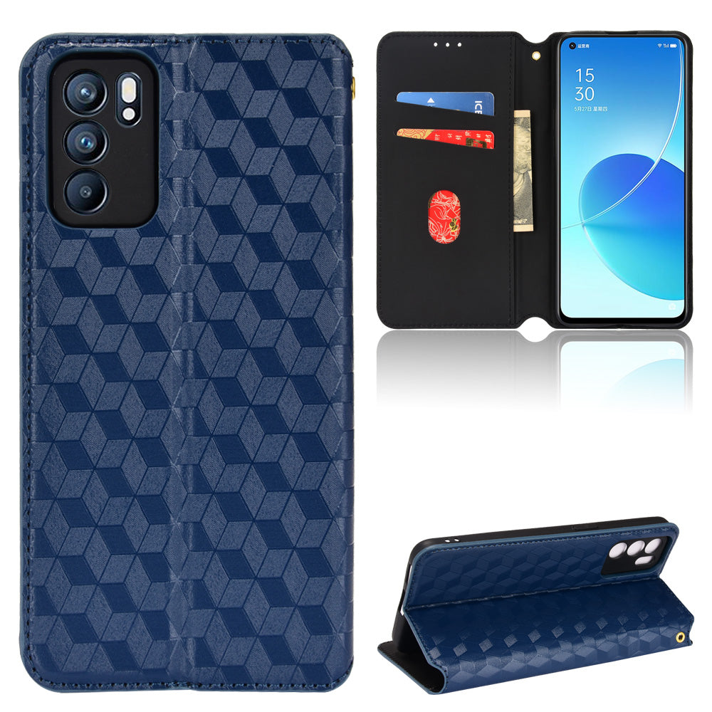 Imprinting 3D Rhombus Pattern Case Full Protection PU Leather Cover + Inner TPU Phone Case with Stand Wallet for Oppo Reno6 5G