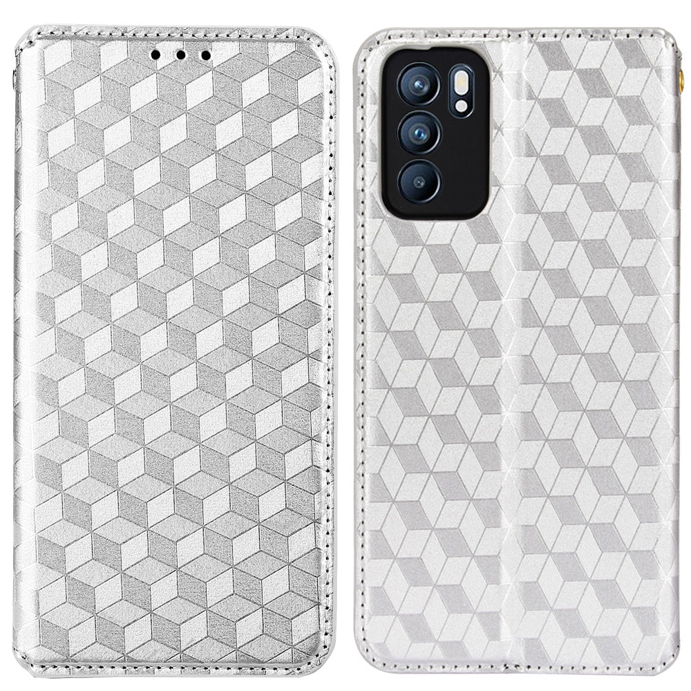 Imprinting 3D Rhombus Pattern Case Full Protection PU Leather Cover + Inner TPU Phone Case with Stand Wallet for Oppo Reno6 5G