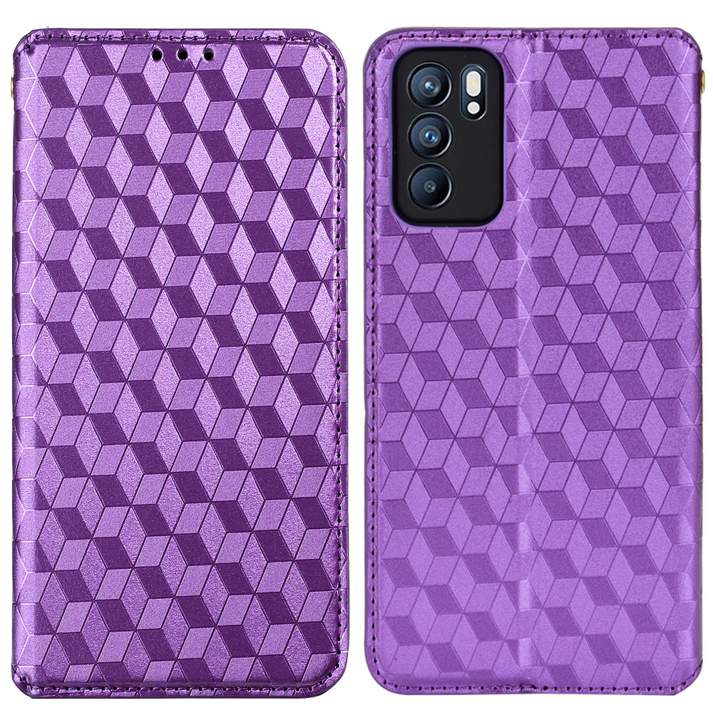 Imprinting 3D Rhombus Pattern Case Full Protection PU Leather Cover + Inner TPU Phone Case with Stand Wallet for Oppo Reno6 5G