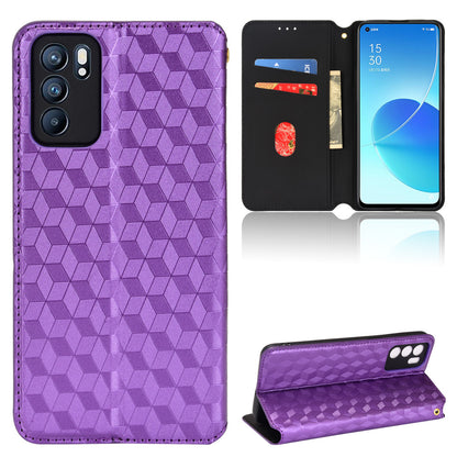 Imprinting 3D Rhombus Pattern Case Full Protection PU Leather Cover + Inner TPU Phone Case with Stand Wallet for Oppo Reno6 5G