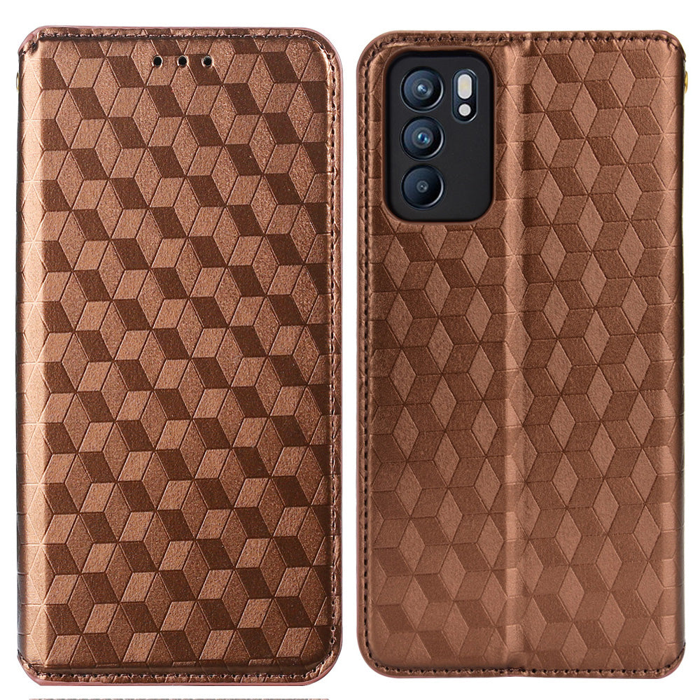 Imprinting 3D Rhombus Pattern Case Full Protection PU Leather Cover + Inner TPU Phone Case with Stand Wallet for Oppo Reno6 5G