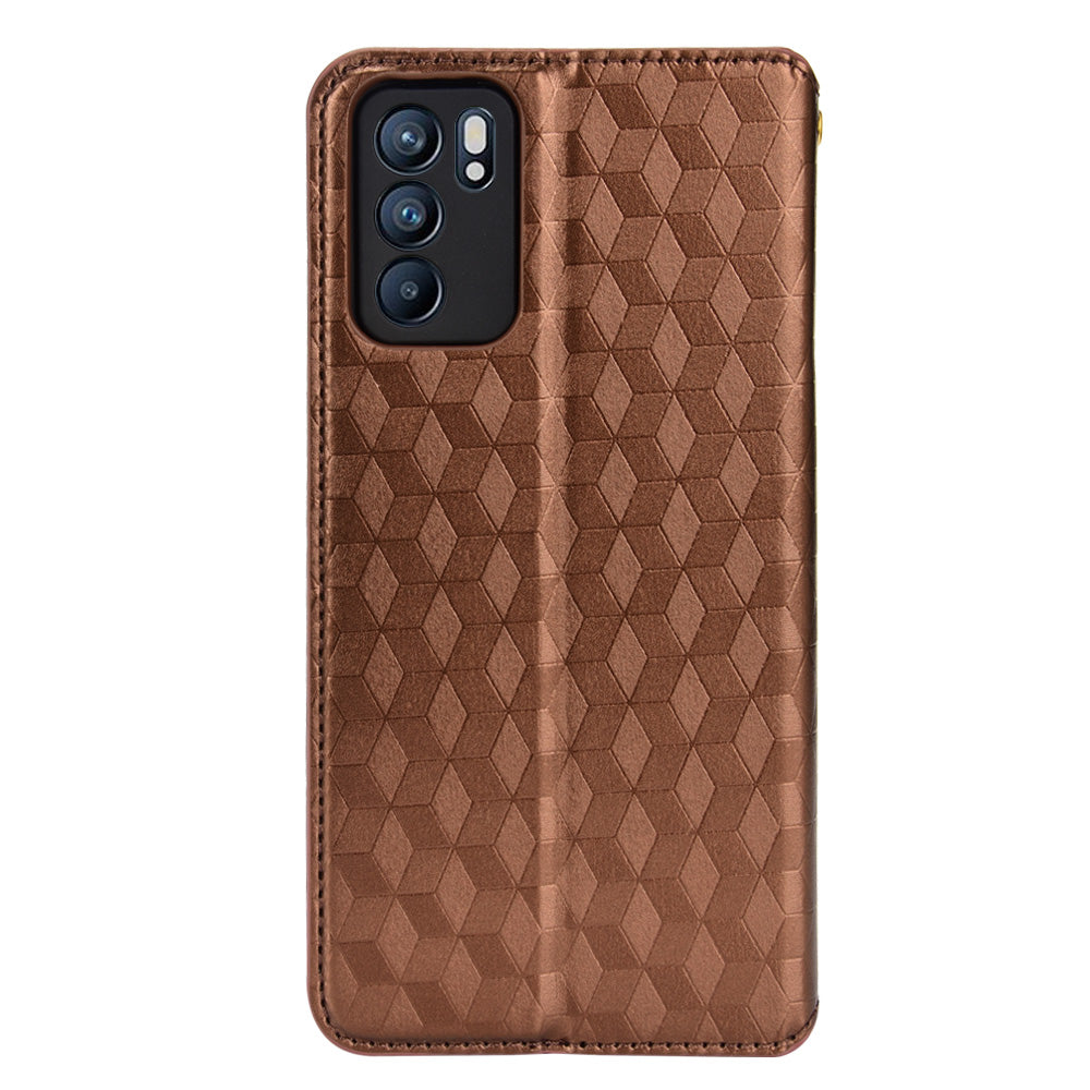 Imprinting 3D Rhombus Pattern Case Full Protection PU Leather Cover + Inner TPU Phone Case with Stand Wallet for Oppo Reno6 5G