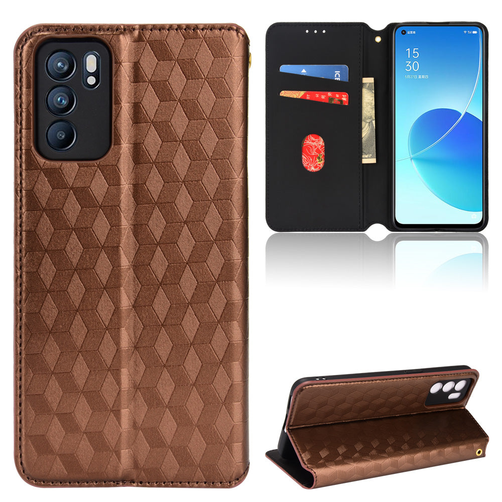 Imprinting 3D Rhombus Pattern Case Full Protection PU Leather Cover + Inner TPU Phone Case with Stand Wallet for Oppo Reno6 5G