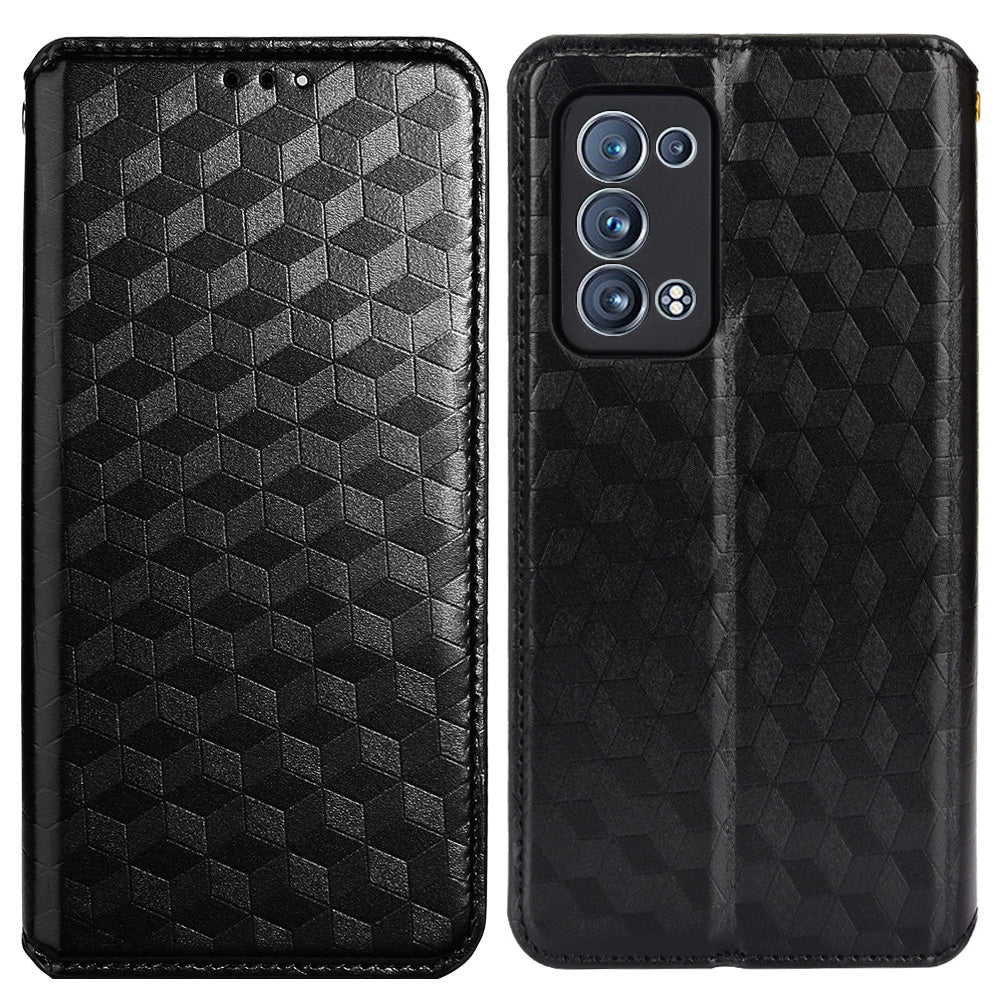 Imprinting 3D Rhombus Pattern Stand Wallet Leather Case Magnetic Auto Closing Phone Cover for Oppo Reno6 Pro+ 5G/Reno6 Pro 5G (Snapdragon)