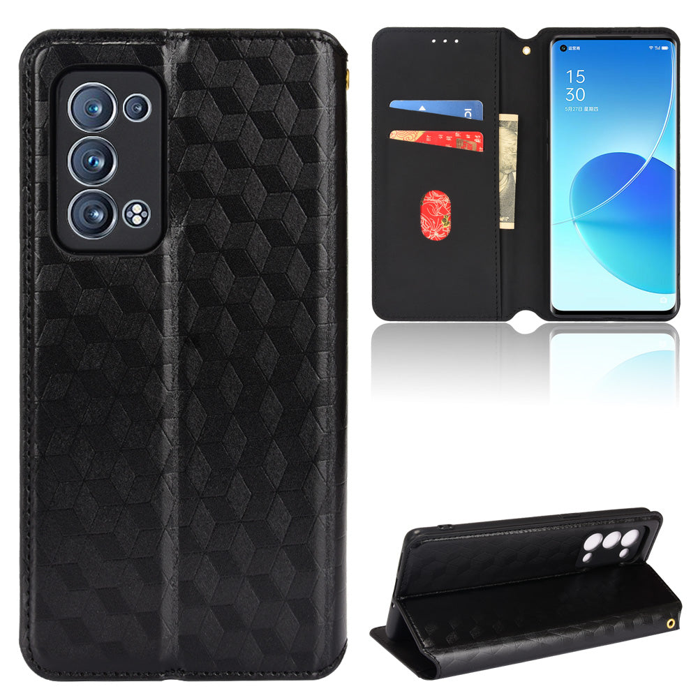 Imprinting 3D Rhombus Pattern Stand Wallet Leather Case Magnetic Auto Closing Phone Cover for Oppo Reno6 Pro+ 5G/Reno6 Pro 5G (Snapdragon)