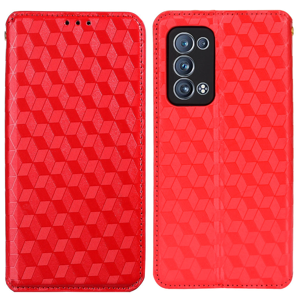 Imprinting 3D Rhombus Pattern Stand Wallet Leather Case Magnetic Auto Closing Phone Cover for Oppo Reno6 Pro+ 5G/Reno6 Pro 5G (Snapdragon)