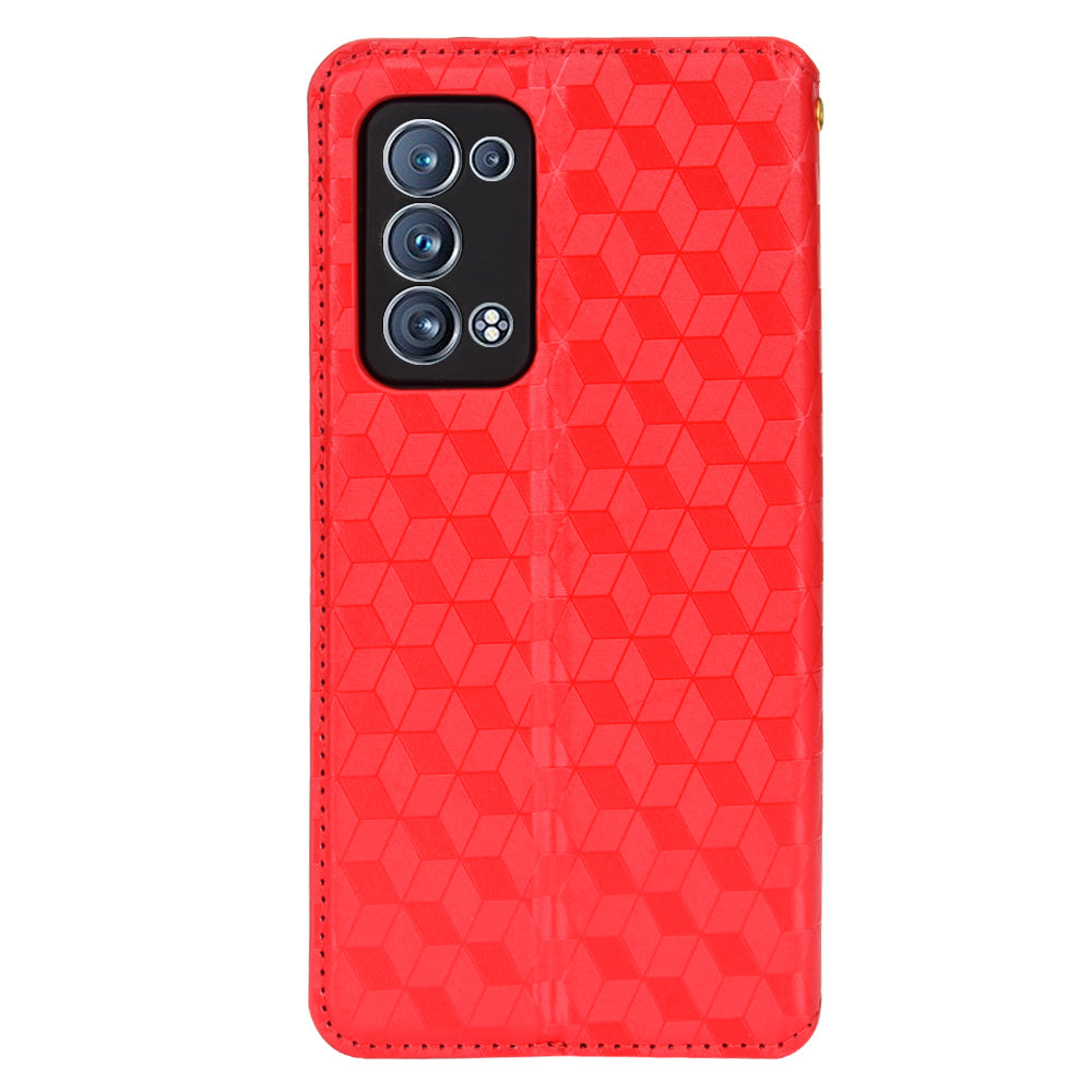 Imprinting 3D Rhombus Pattern Stand Wallet Leather Case Magnetic Auto Closing Phone Cover for Oppo Reno6 Pro+ 5G/Reno6 Pro 5G (Snapdragon)