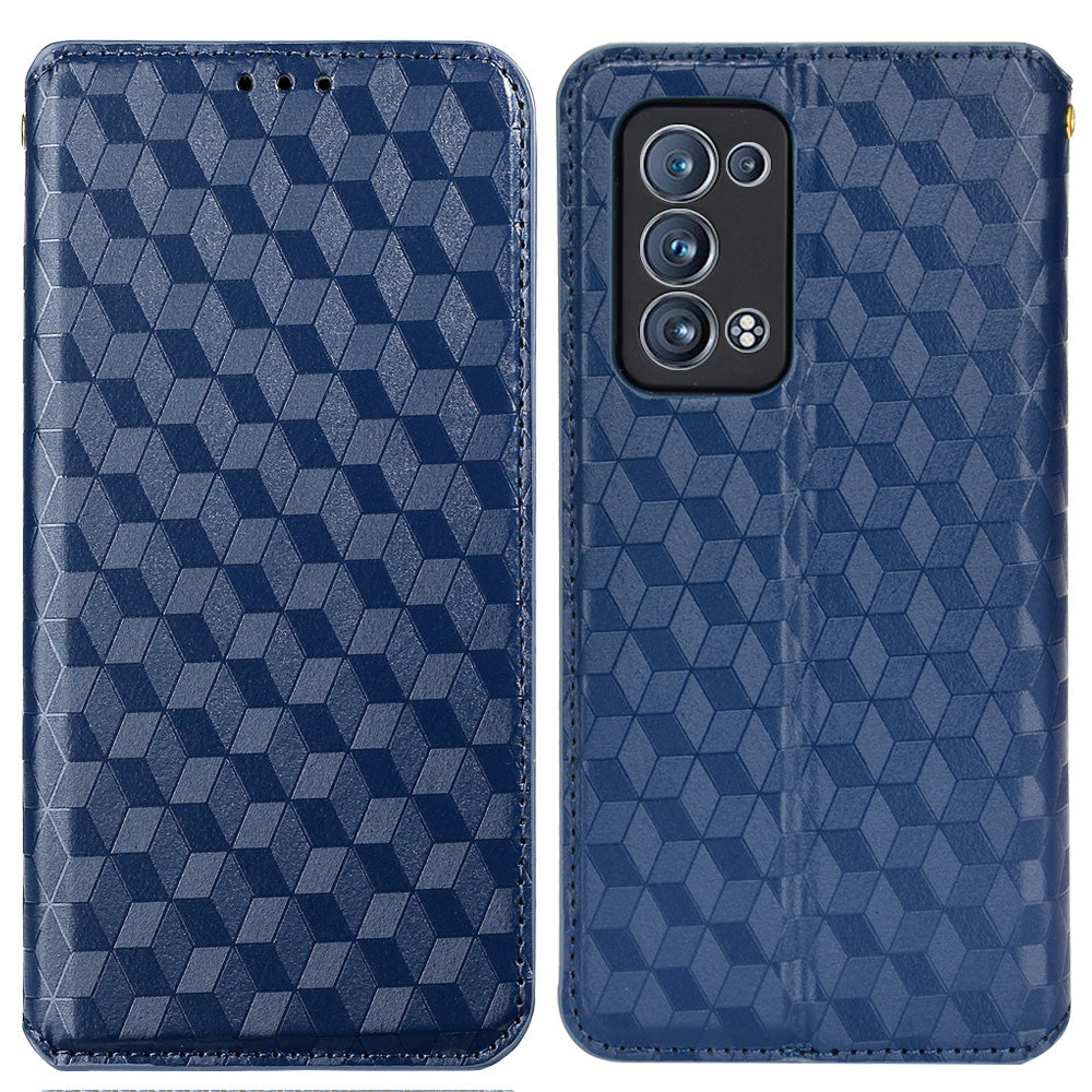 Imprinting 3D Rhombus Pattern Stand Wallet Leather Case Magnetic Auto Closing Phone Cover for Oppo Reno6 Pro+ 5G/Reno6 Pro 5G (Snapdragon)