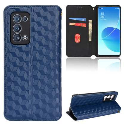 Imprinting 3D Rhombus Pattern Stand Wallet Leather Case Magnetic Auto Closing Phone Cover for Oppo Reno6 Pro+ 5G/Reno6 Pro 5G (Snapdragon)