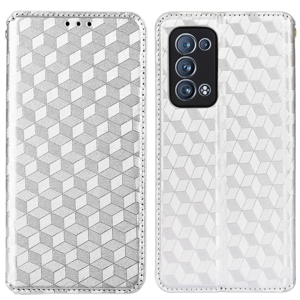 Imprinting 3D Rhombus Pattern Stand Wallet Leather Case Magnetic Auto Closing Phone Cover for Oppo Reno6 Pro+ 5G/Reno6 Pro 5G (Snapdragon)