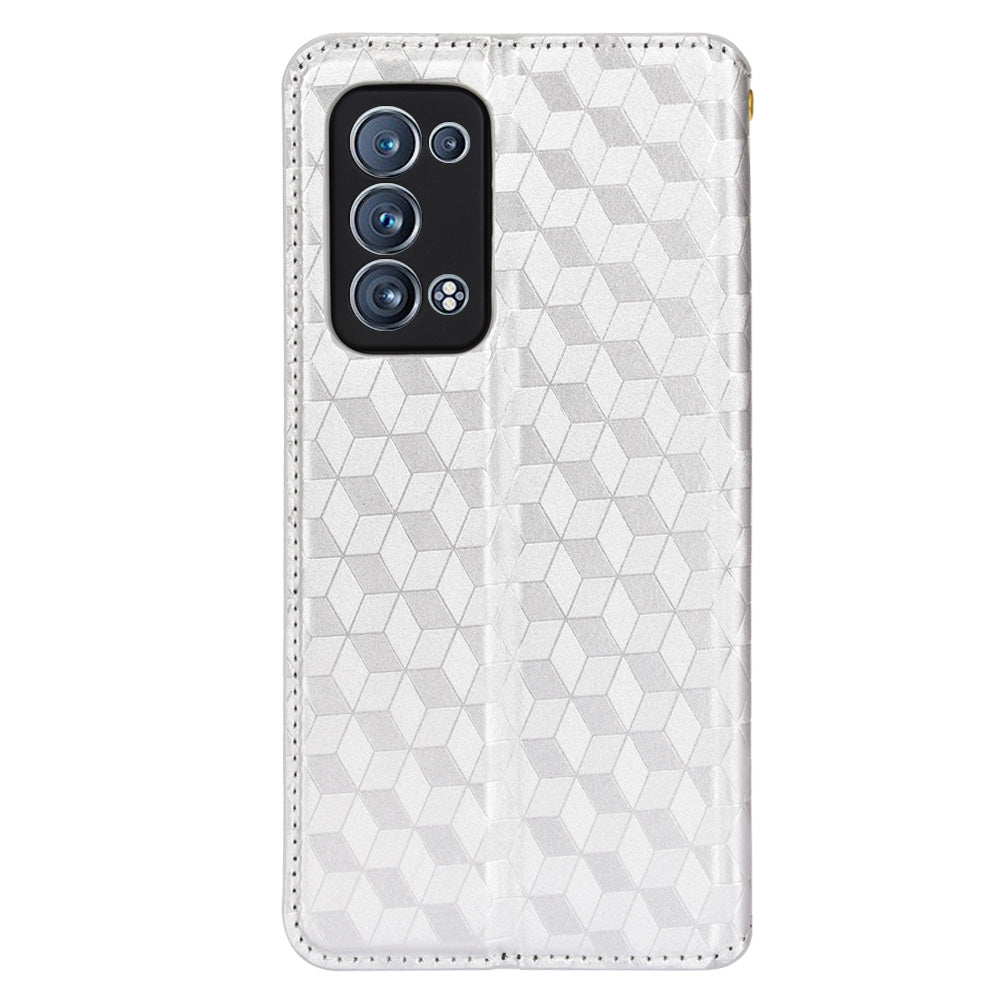 Imprinting 3D Rhombus Pattern Stand Wallet Leather Case Magnetic Auto Closing Phone Cover for Oppo Reno6 Pro+ 5G/Reno6 Pro 5G (Snapdragon)