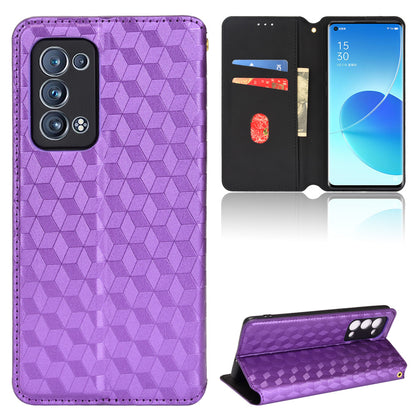 Imprinting 3D Rhombus Pattern Stand Wallet Leather Case Magnetic Auto Closing Phone Cover for Oppo Reno6 Pro+ 5G/Reno6 Pro 5G (Snapdragon)