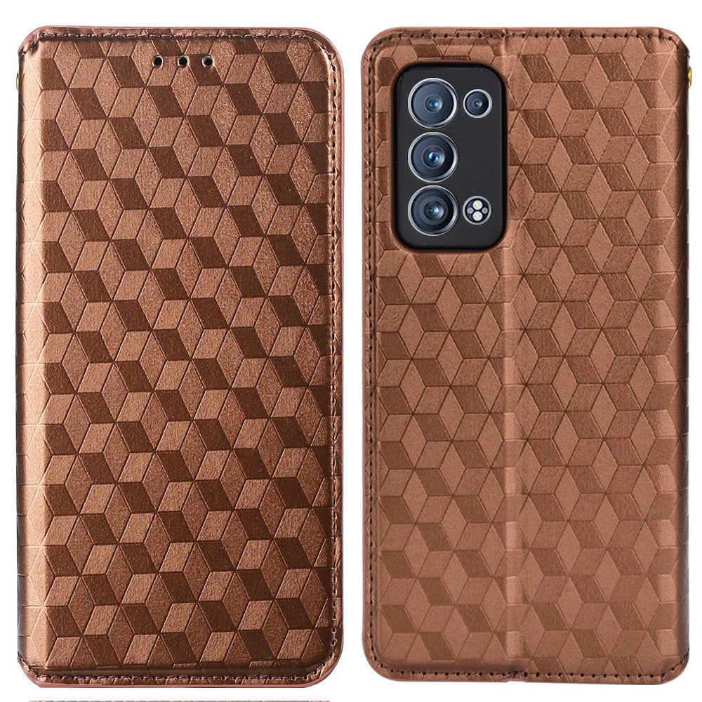 Imprinting 3D Rhombus Pattern Stand Wallet Leather Case Magnetic Auto Closing Phone Cover for Oppo Reno6 Pro+ 5G/Reno6 Pro 5G (Snapdragon)