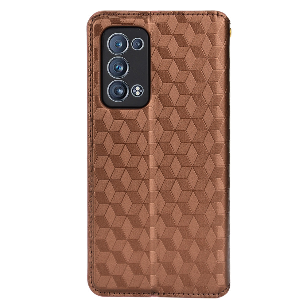 Imprinting 3D Rhombus Pattern Stand Wallet Leather Case Magnetic Auto Closing Phone Cover for Oppo Reno6 Pro+ 5G/Reno6 Pro 5G (Snapdragon)