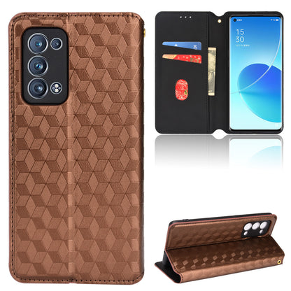 Imprinting 3D Rhombus Pattern Stand Wallet Leather Case Magnetic Auto Closing Phone Cover for Oppo Reno6 Pro+ 5G/Reno6 Pro 5G (Snapdragon)