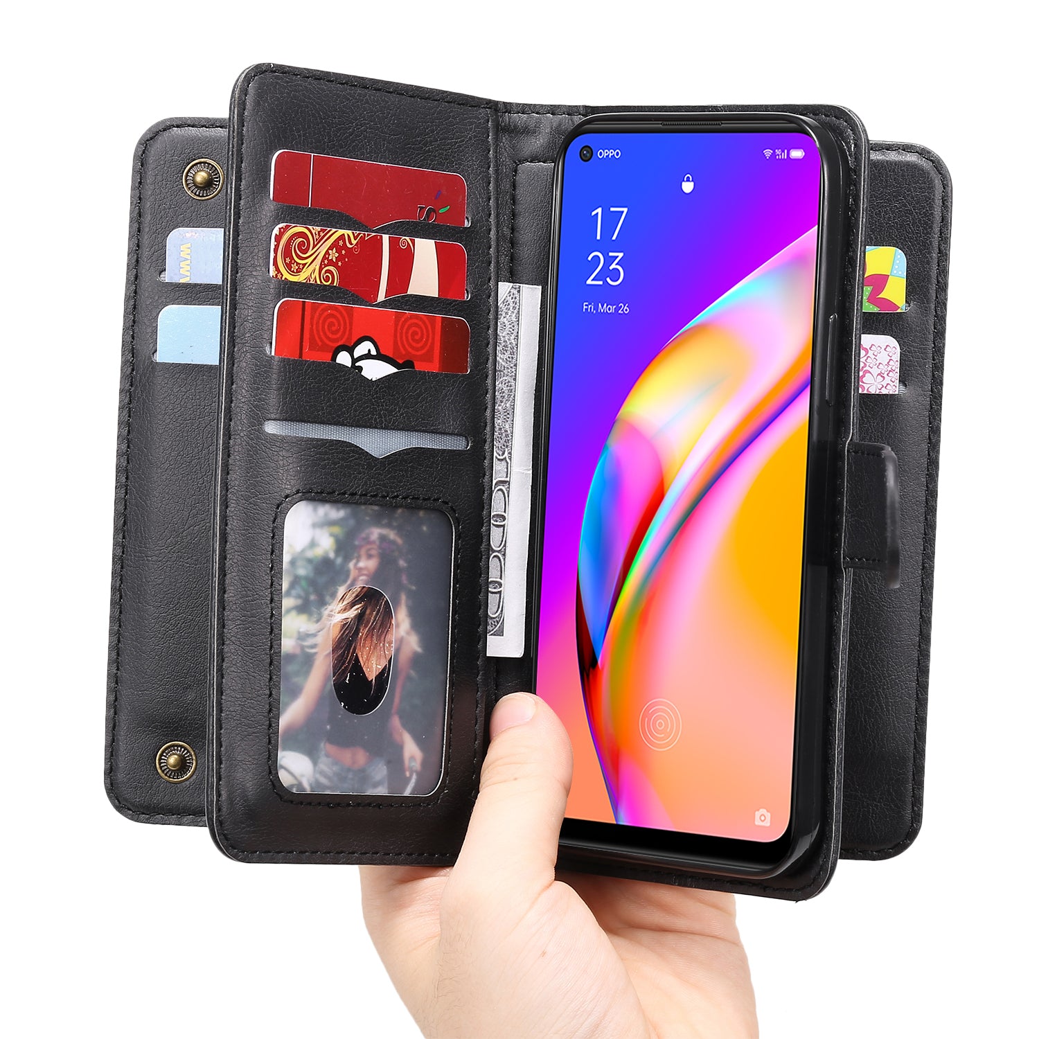 For Oppo A94 5G/F19 Pro+ 5G/Reno5 Z 5G/A95 5G KT Multi-functional Series-1 All-round Protection Stand Design Multi Card Slots Anti-scratch Leather Case with Wallet