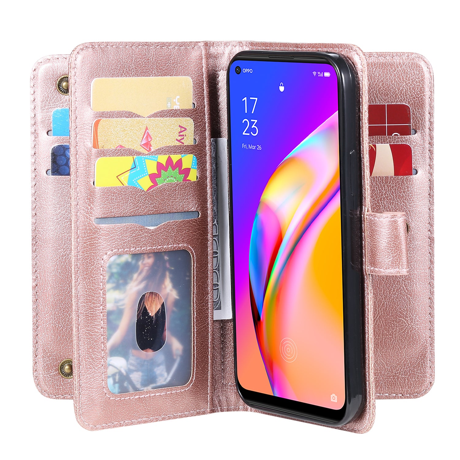 For Oppo A94 5G/F19 Pro+ 5G/Reno5 Z 5G/A95 5G KT Multi-functional Series-1 All-round Protection Stand Design Multi Card Slots Anti-scratch Leather Case with Wallet