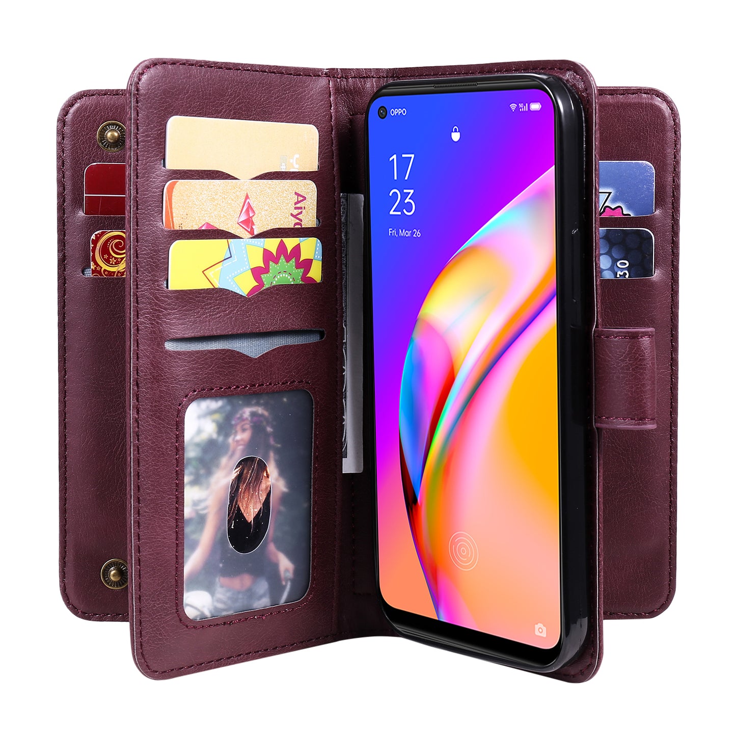 For Oppo A94 5G/F19 Pro+ 5G/Reno5 Z 5G/A95 5G KT Multi-functional Series-1 All-round Protection Stand Design Multi Card Slots Anti-scratch Leather Case with Wallet