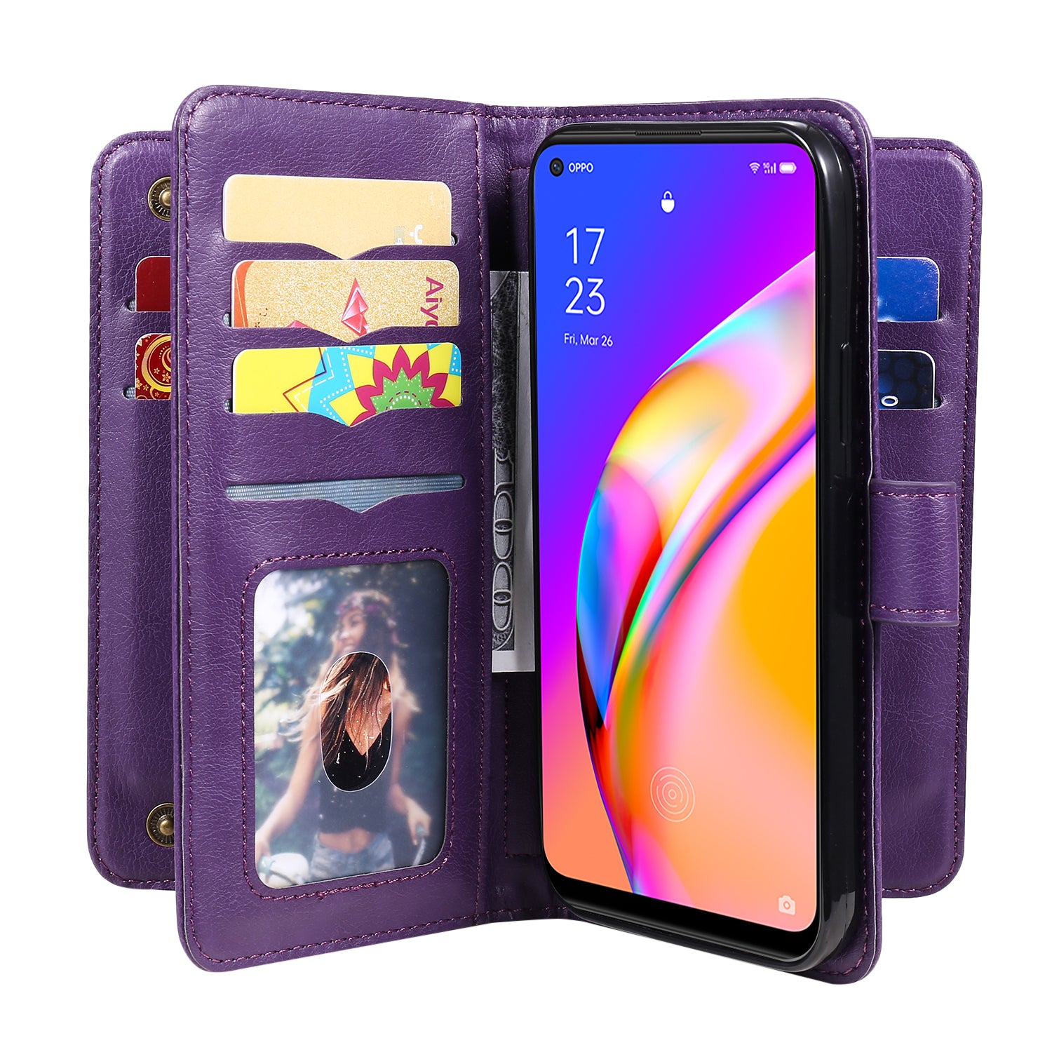 For Oppo A94 5G/F19 Pro+ 5G/Reno5 Z 5G/A95 5G KT Multi-functional Series-1 All-round Protection Stand Design Multi Card Slots Anti-scratch Leather Case with Wallet