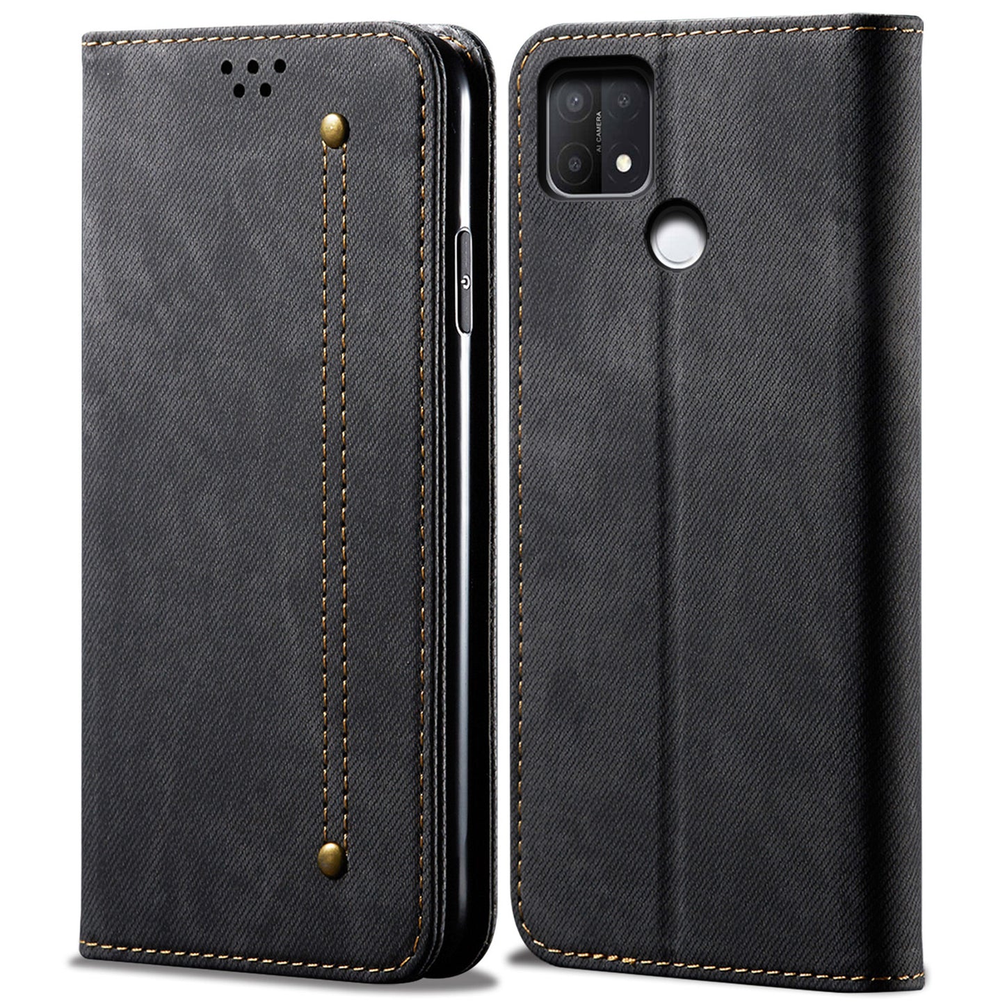 All-round Protection Jeans Cloth Texture PU Leather Flip Case Wallet Stand TPU Inner Shell Phone Cover for Oppo A35/A15/A15s