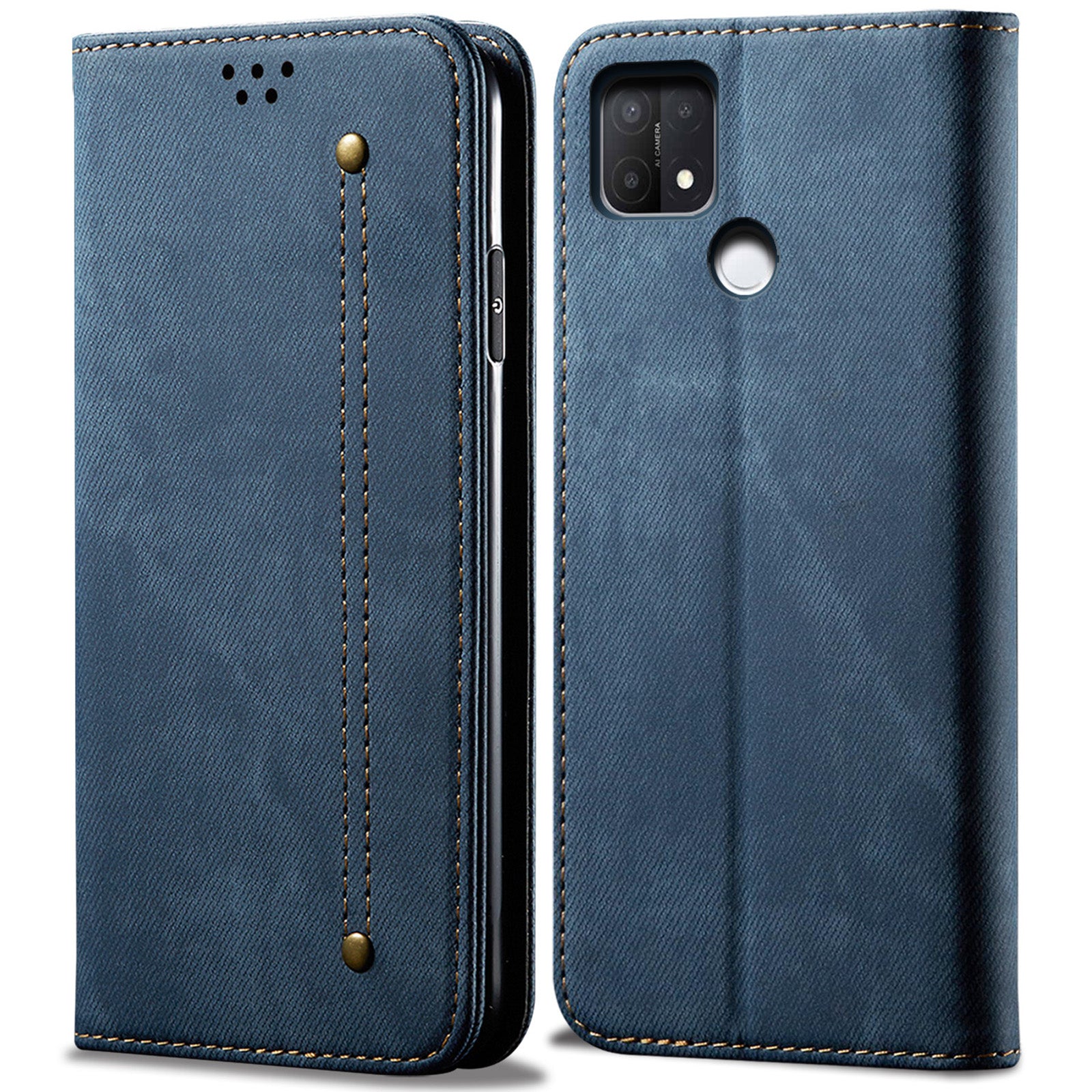 All-round Protection Jeans Cloth Texture PU Leather Flip Case Wallet Stand TPU Inner Shell Phone Cover for Oppo A35/A15/A15s