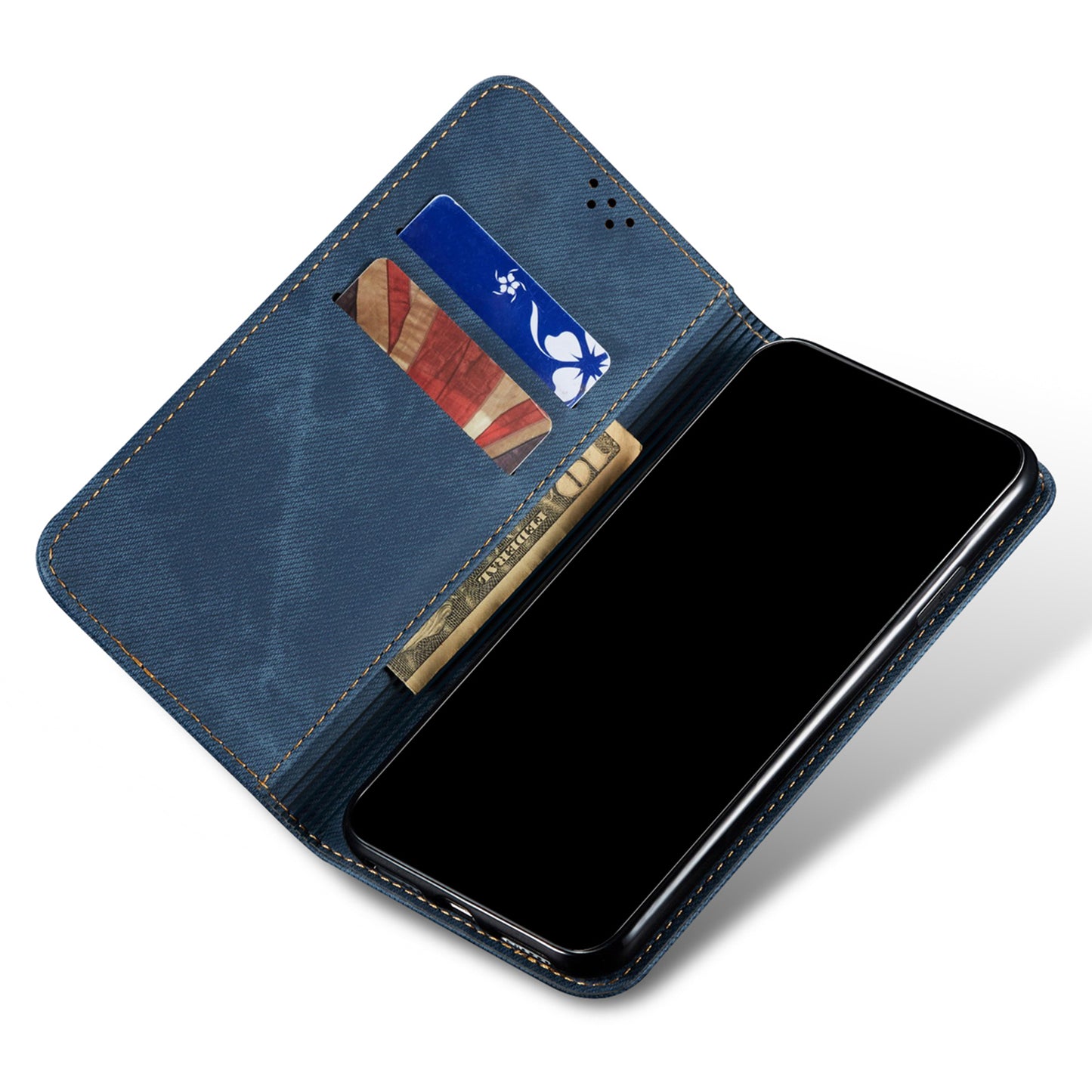 All-round Protection Jeans Cloth Texture PU Leather Flip Case Wallet Stand TPU Inner Shell Phone Cover for Oppo A35/A15/A15s