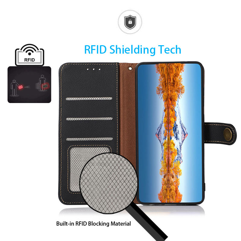 KHAZNEH RFID Blocking Top Layer Genuine Leather Wallet Case Shockproof TPU Shell with Stand for Oppo Reno7 5G (China)