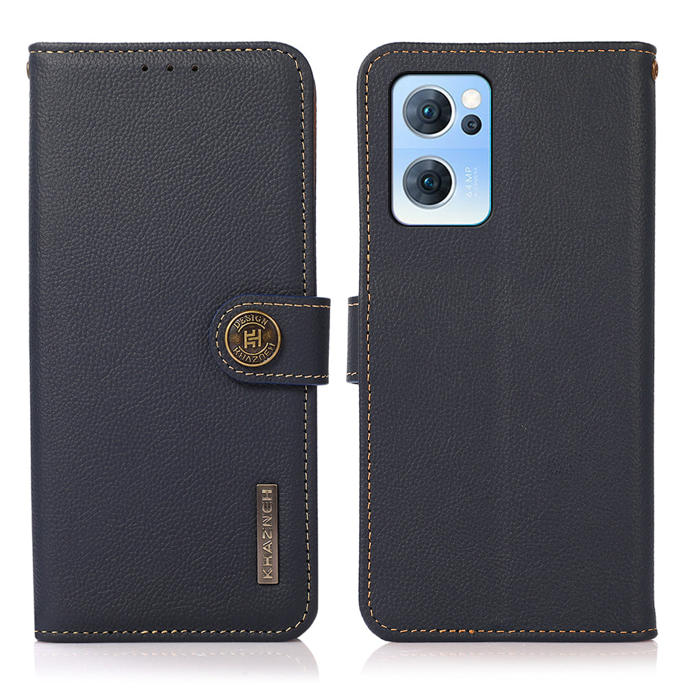 KHAZNEH RFID Blocking Top Layer Genuine Leather Wallet Case Shockproof TPU Shell with Stand for Oppo Reno7 5G (China)