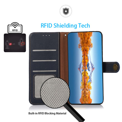 KHAZNEH RFID Blocking Top Layer Genuine Leather Wallet Case Shockproof TPU Shell with Stand for Oppo Reno7 5G (China)