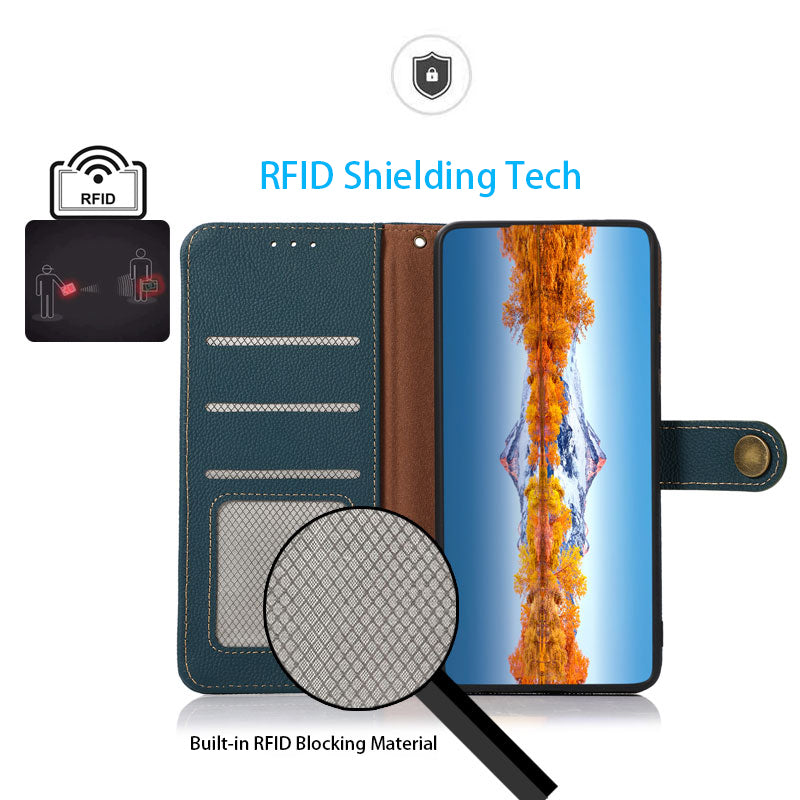 KHAZNEH RFID Blocking Top Layer Genuine Leather Wallet Case Shockproof TPU Shell with Stand for Oppo Reno7 5G (China)