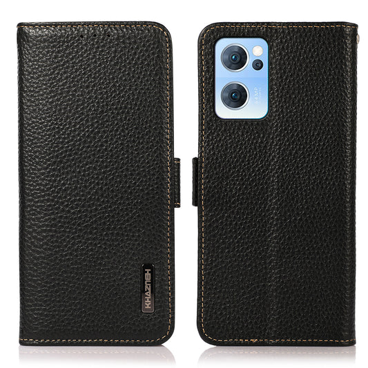 KHAZNEH RFID Blocking Wallet Phone Case Litchi Texture Top Layer Genuine Leather Stand Cover for Oppo Reno7 5G (China)