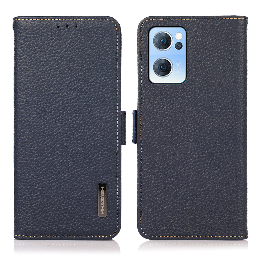 KHAZNEH RFID Blocking Wallet Phone Case Litchi Texture Top Layer Genuine Leather Stand Cover for Oppo Reno7 5G (China)