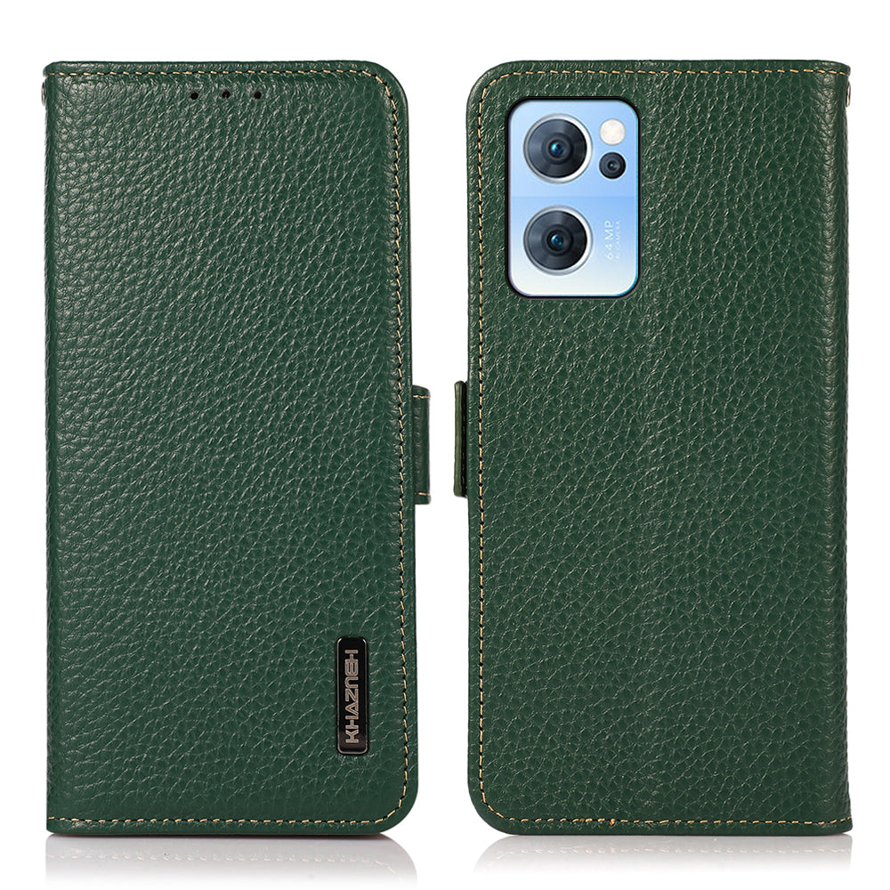 KHAZNEH RFID Blocking Wallet Phone Case Litchi Texture Top Layer Genuine Leather Stand Cover for Oppo Reno7 5G (China)