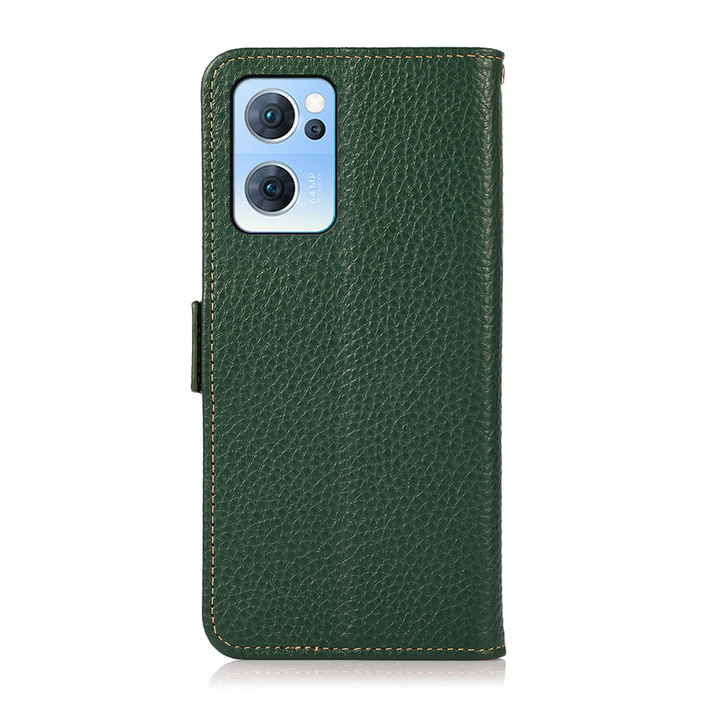 KHAZNEH RFID Blocking Wallet Phone Case Litchi Texture Top Layer Genuine Leather Stand Cover for Oppo Reno7 5G (China)