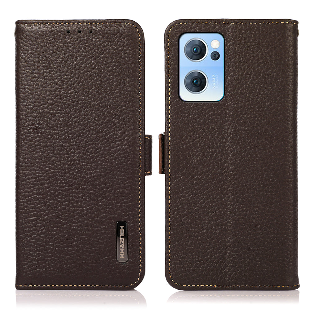 KHAZNEH RFID Blocking Wallet Phone Case Litchi Texture Top Layer Genuine Leather Stand Cover for Oppo Reno7 5G (China)