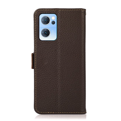 KHAZNEH RFID Blocking Wallet Phone Case Litchi Texture Top Layer Genuine Leather Stand Cover for Oppo Reno7 5G (China)