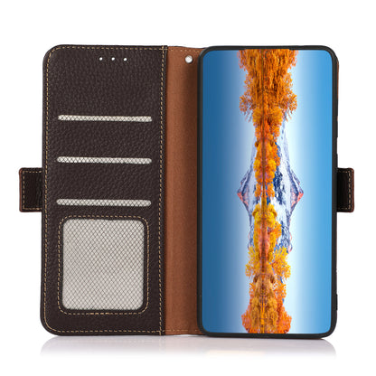 KHAZNEH RFID Blocking Wallet Phone Case Litchi Texture Top Layer Genuine Leather Stand Cover for Oppo Reno7 5G (China)