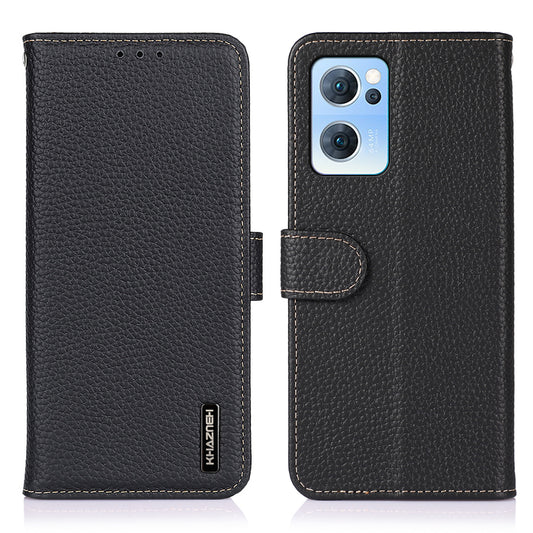 KHAZNEH Litchi Texture Top Layer Genuine Leather Cover Flip Book Stand Shockproof Wallet Phone Case for Oppo Reno7 5G (China)